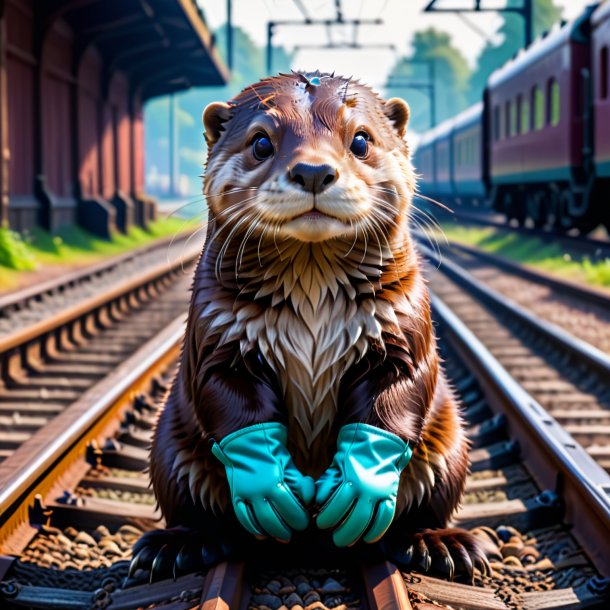 Foto de una nutria en guantes en las vías del tren