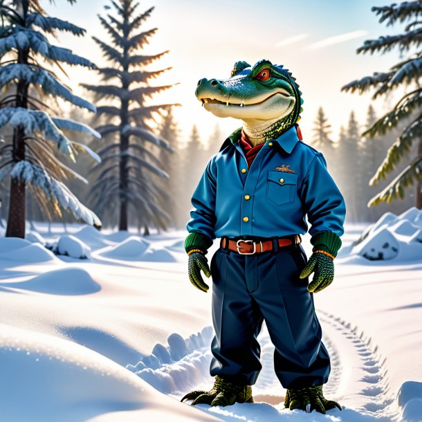 Photo of a alligator in a trousers in the snow