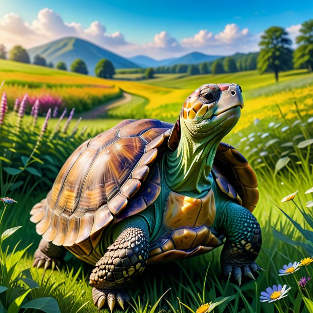 Photo of a tortoise in a dress in the meadow