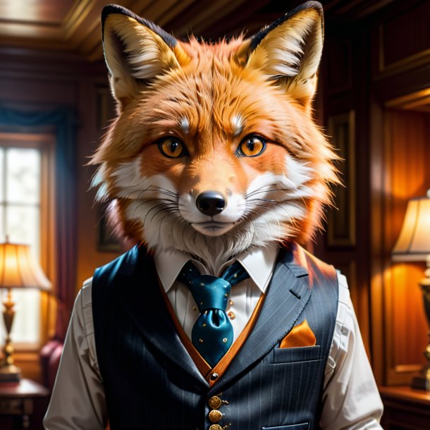 Picture of a fox in a vest in the house