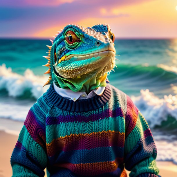 Picture of a lizard in a sweater in the sea