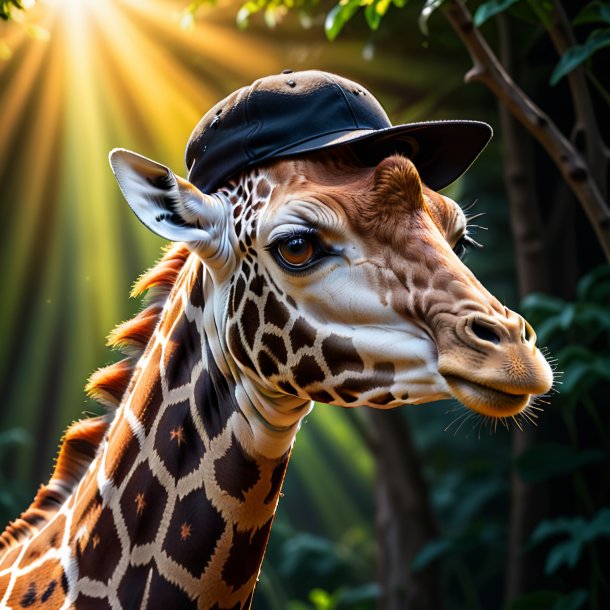 Photo of a giraffe in a black cap