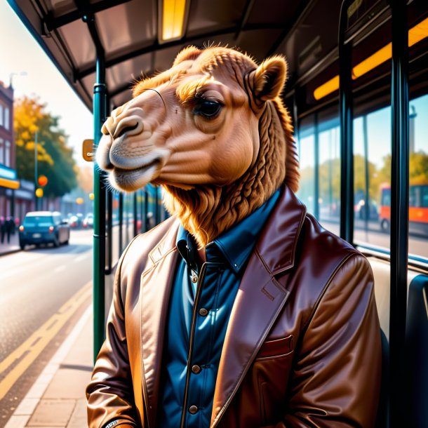 Foto de un camello en una chaqueta en la parada de autobús