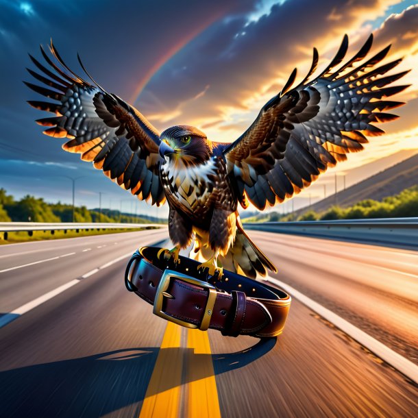 Image of a hawk in a belt on the highway
