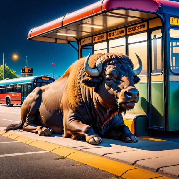 Image of a resting of a buffalo on the bus stop