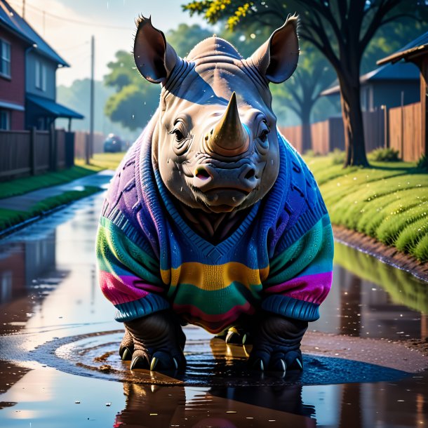 Image of a rhinoceros in a sweater in the puddle