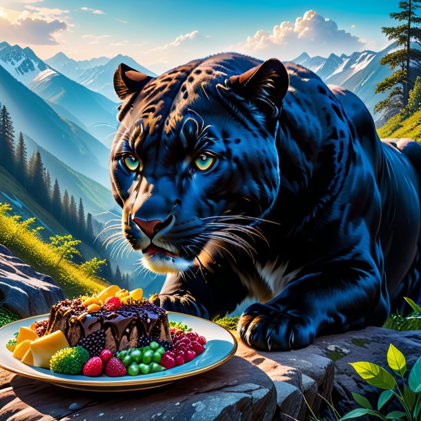Foto de un comer de una pantera en las montañas