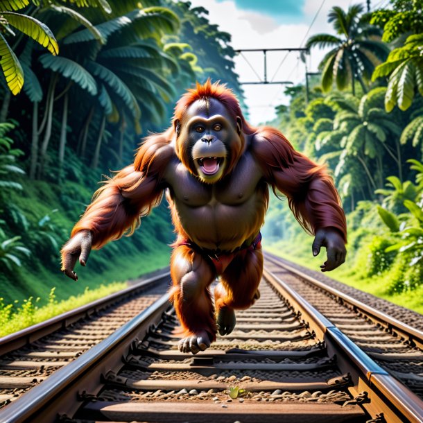 Pic of a jumping of a orangutan on the railway tracks