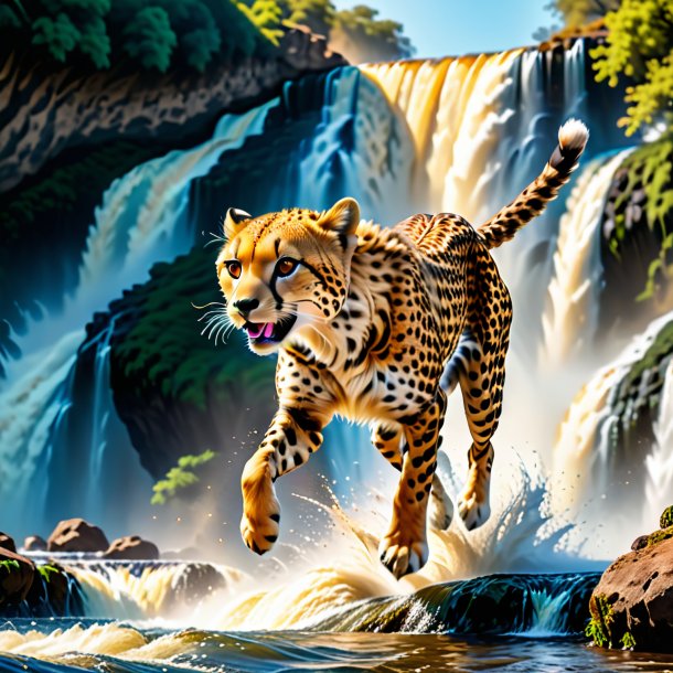 Picture of a jumping of a cheetah in the waterfall