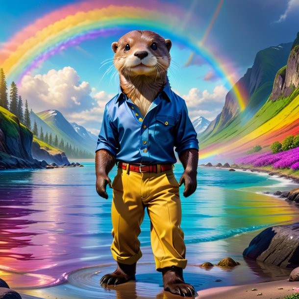 Imagem de uma lontra em uma calça no arco-íris