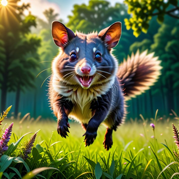 Photo of a jumping of a possum in the meadow