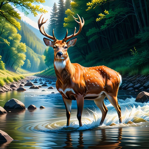 Illustration of a deer in a coat in the river