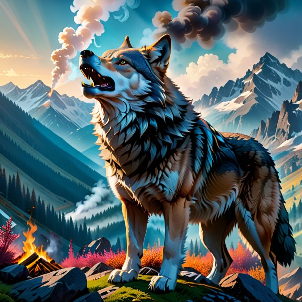 Imagen de un fumar de un lobo en las montañas