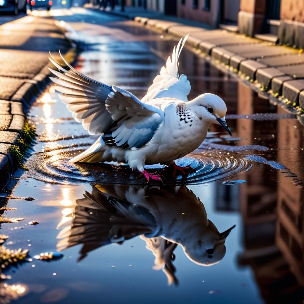 Photo of a dove in a gloves in the puddle