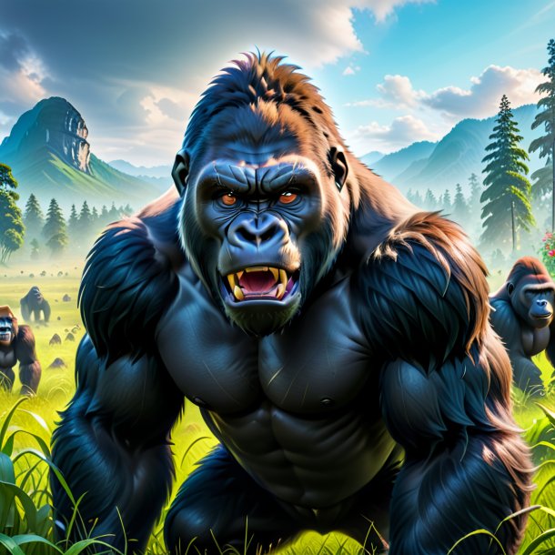 Pic of a angry of a gorilla in the meadow