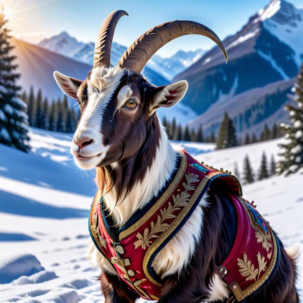Foto de uma cabra em um colete na neve