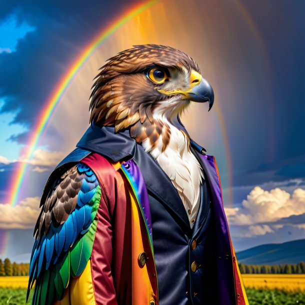 Foto de um falcão em um casaco no arco-íris