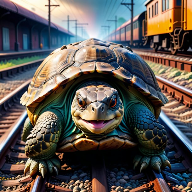 Image of a crying of a tortoise on the railway tracks