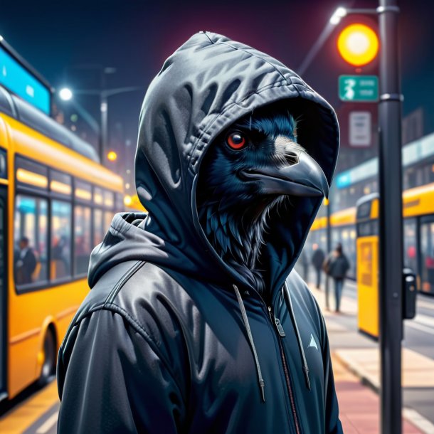 Imagem de um corvo em um hoodie no ponto de ônibus