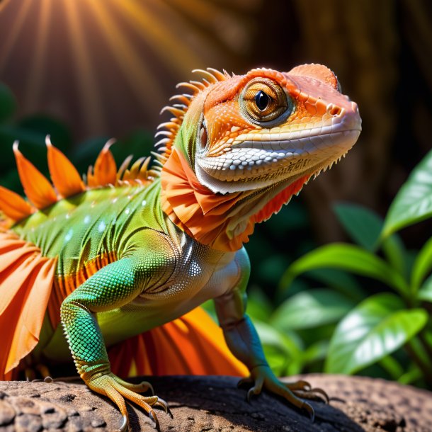 Foto de un lagarto en una falda naranja