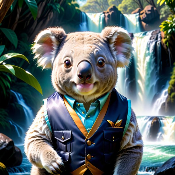 Photo of a koala in a vest in the waterfall