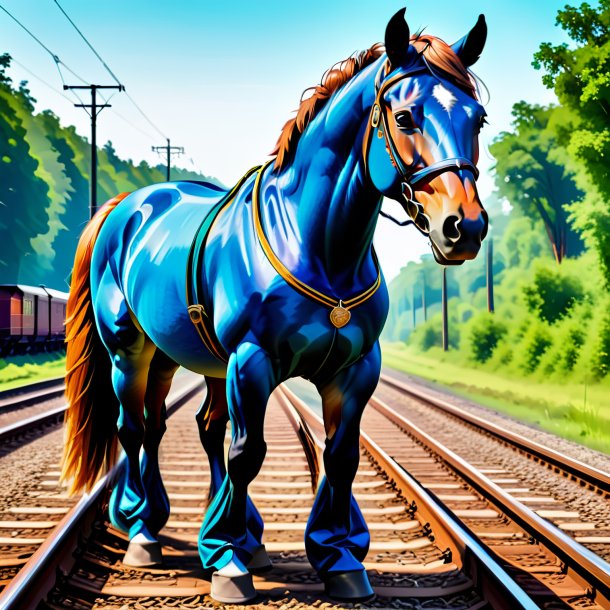 Рисунок лошади в брюках на железнодорожных путях