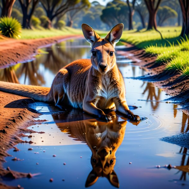 Image of a resting of a kangaroo in the puddle