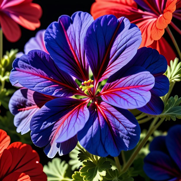 "imagery of a navy blue geranium, scarlet"