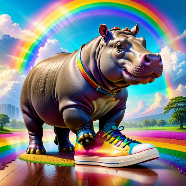 Desenho de um hipopótamo em um sapatos no arco-íris