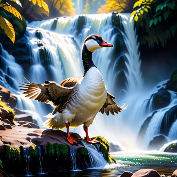 Photo of a goose in a gloves in the waterfall