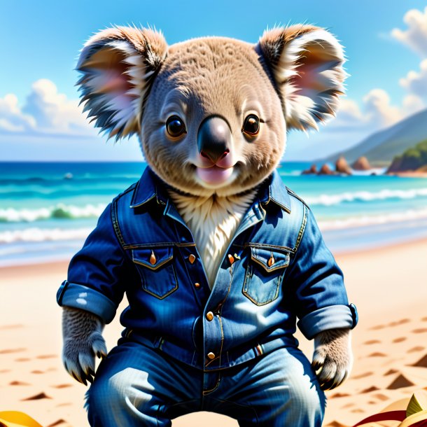 Dessin d'un koala dans un jean sur la plage