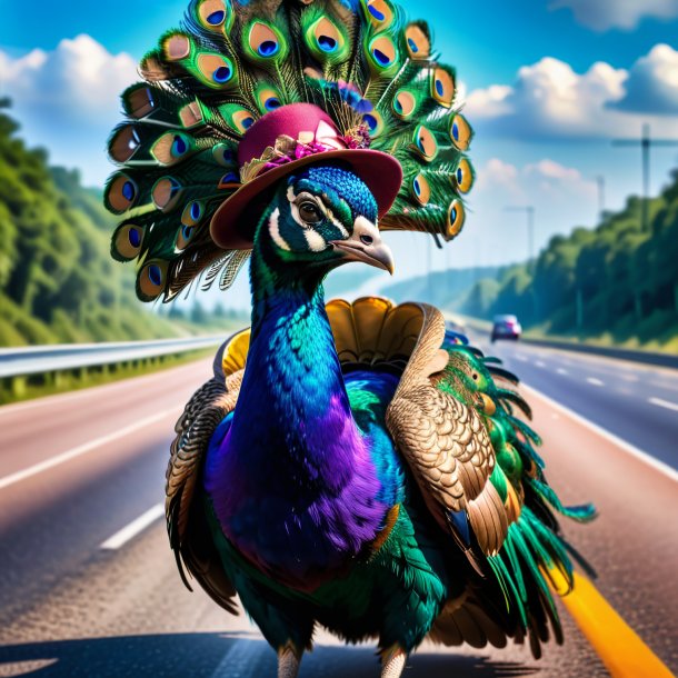 Foto de um pavão em um chapéu na rodovia