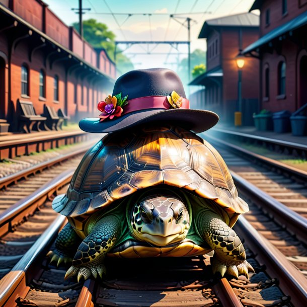 Ilustración de una tortuga en un sombrero en las vías del ferrocarril