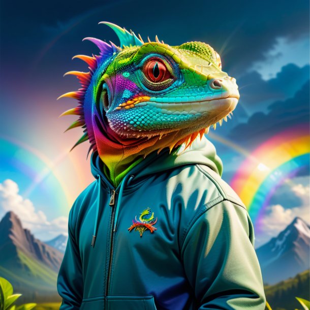 Foto de un lagarto en una sudadera con capucha en el arco iris