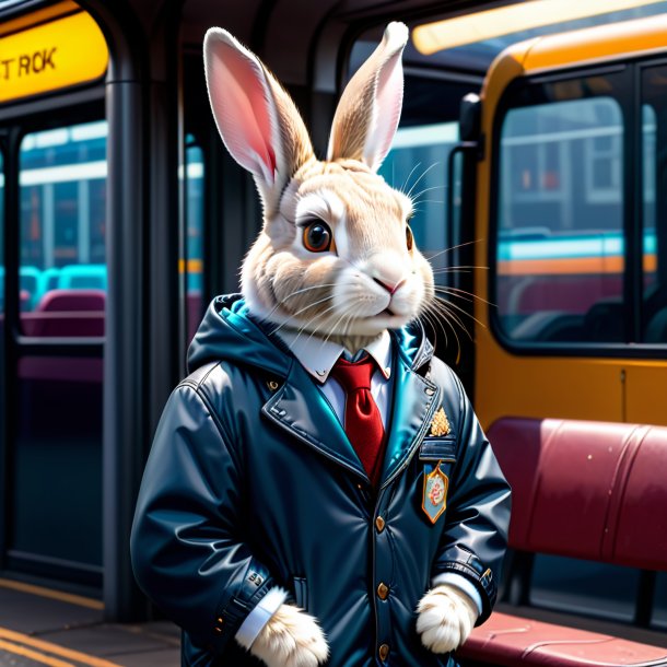Foto de un conejo en una chaqueta en la parada de autobús