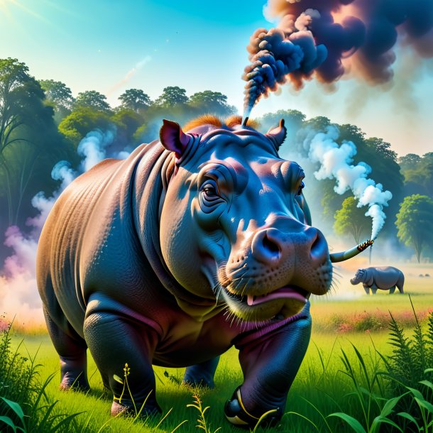 Picture of a smoking of a hippopotamus in the meadow