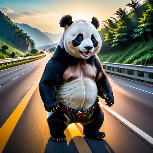 Picture of a giant panda in a belt on the highway