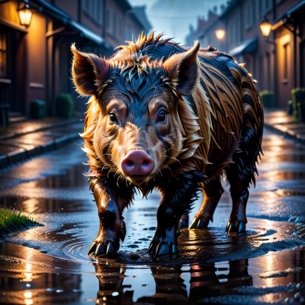 Image of a boar in a gloves in the puddle
