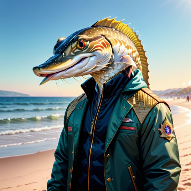 Drawing of a pike in a jacket on the beach