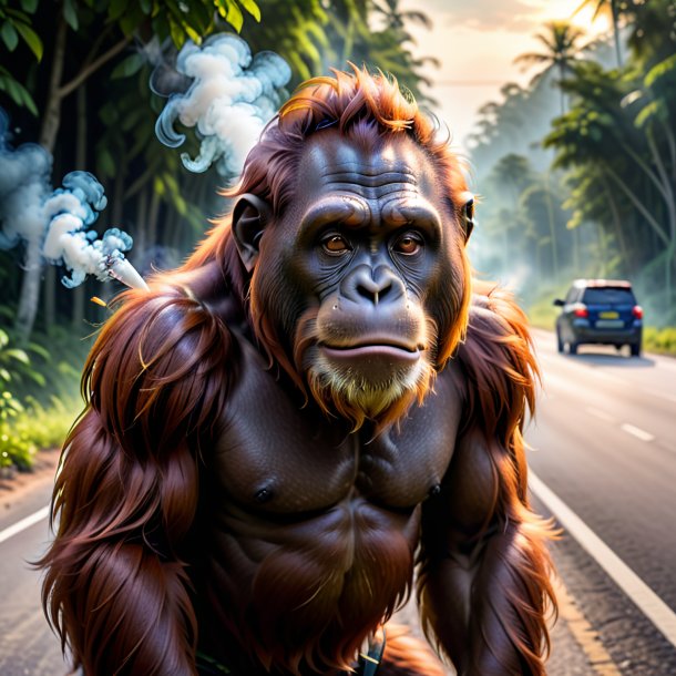 Foto de un fumar de un orangután en la carretera