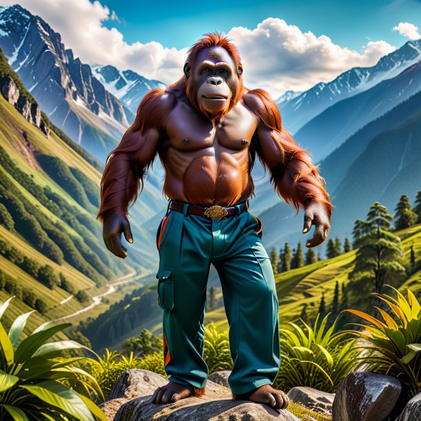 Picture of a orangutan in a trousers in the mountains