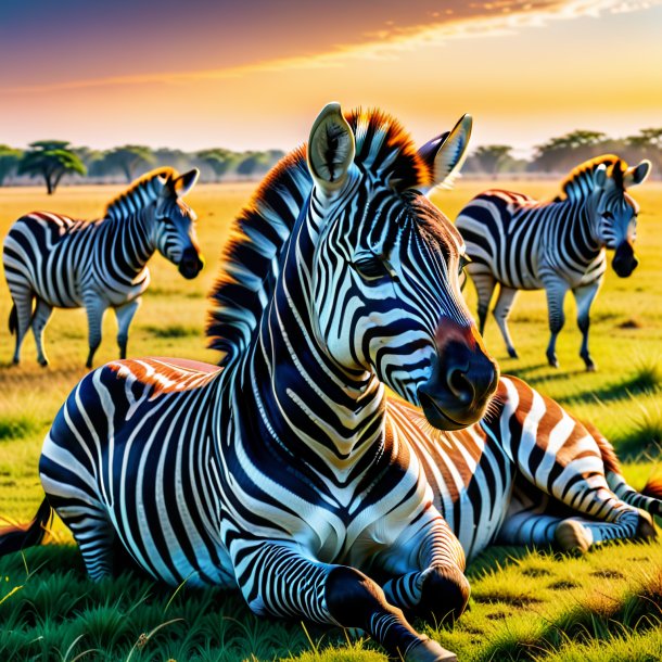 Foto de um descanso de uma zebra no campo