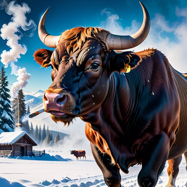Image of a smoking of a bull in the snow
