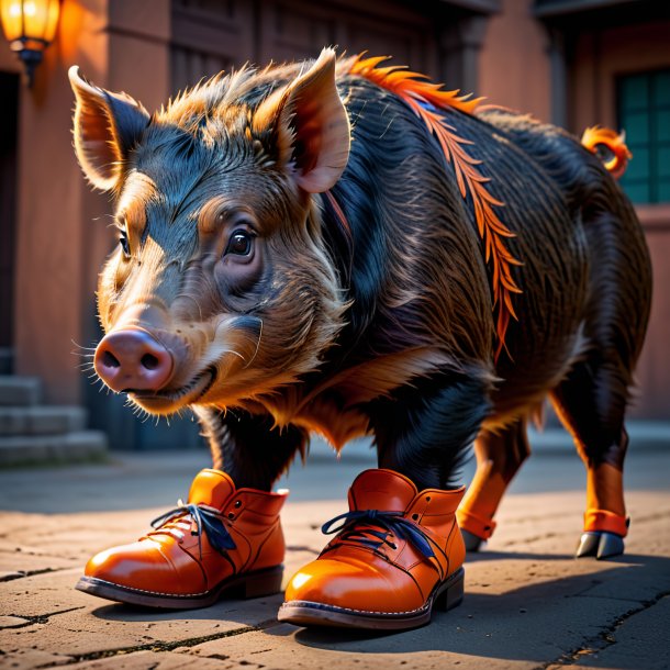Photo of a boar in a orange shoes