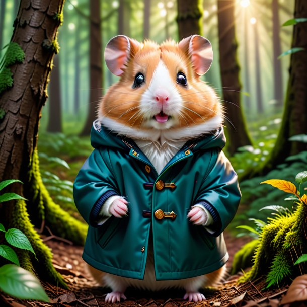 Imagem de um hamster em um casaco na floresta