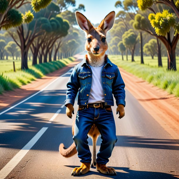 Image of a kangaroo in a jeans on the road