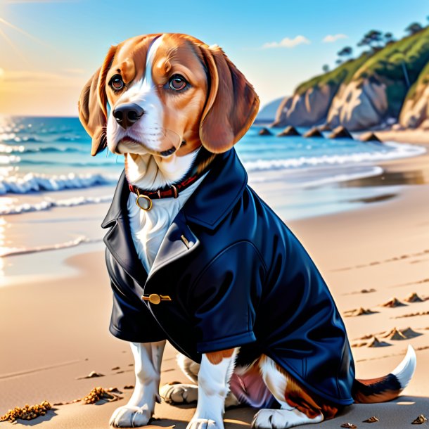 Ilustración de un beagle en un abrigo en la playa