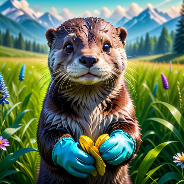 Photo of a otter in a gloves in the meadow