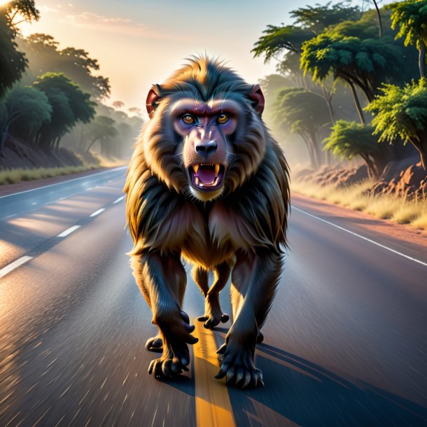Image d'une colère d'un babouin sur la route
