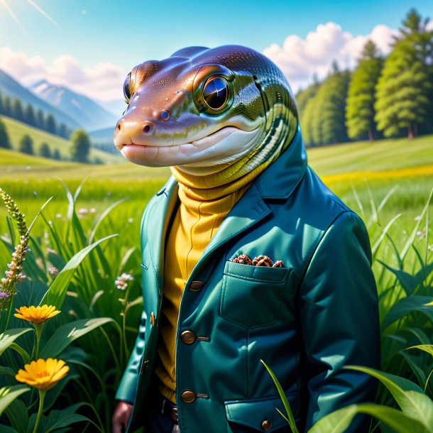 Photo of a eel in a jacket in the meadow